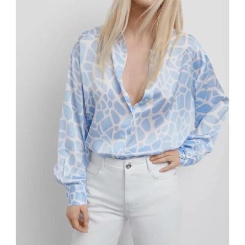 Long Sleeve Silk Blue Blouse 2021 Sexy V-Neck Za Print Button Shirt And Tops Office Lady Casual Shirts