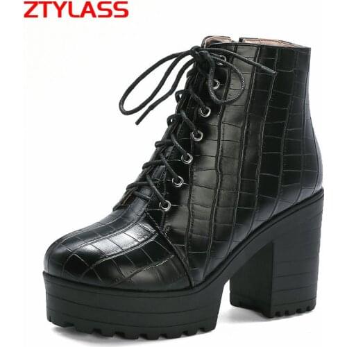 Women Boots Platform Ankle Boots Pu Leather Winter Square High Heels Boots Zipper Fashion Ladies Shoes Black Brown White