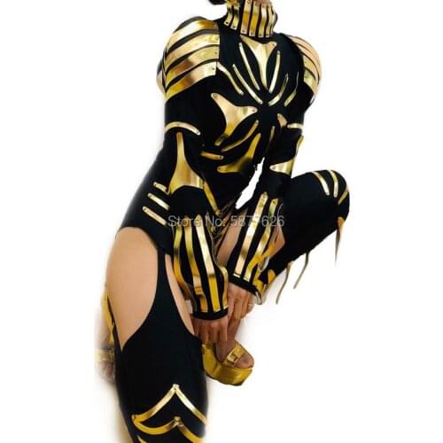 Golden mirror leather armor sexy bodysuit stage dance jumpsuit female warrior costume cosplay futuristic technology costumes