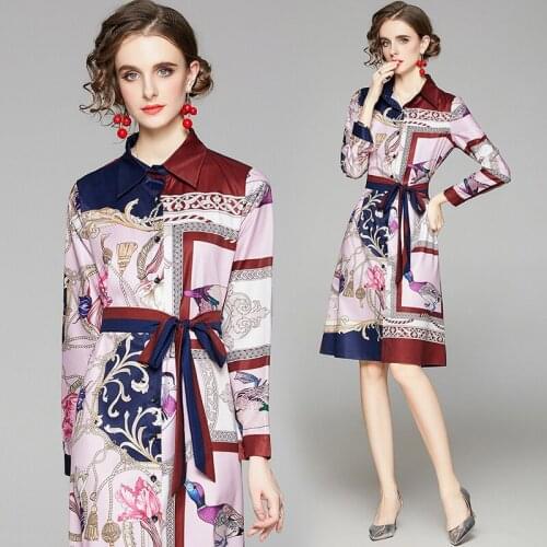 European and American Fashion Printed Birthday French Cardigan Shirt Dress Women Office Lady Loose Slim Belt Long Sleeve Vestido