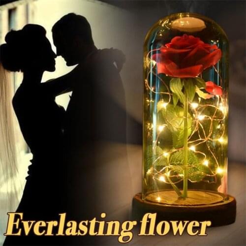 Artificial Eternal Rose LED Light Beauty The Beast In Glass Cover Home Decoration for Mothers/ Valentines Day New Year Gift