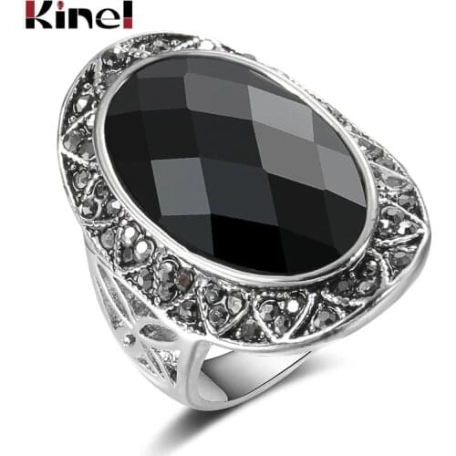 Kinel 2020 New Vintage Big Black Oval Stone Rings For Women Tibetan Silver Boho Ethnic Wedding Jewelry Anel