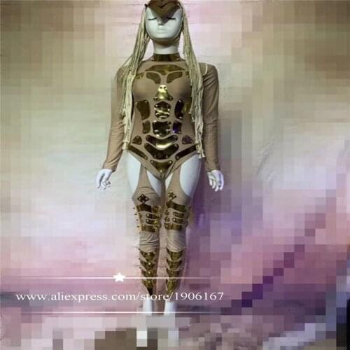 Nightclub Bar Dance Team Stage Show Mirror Clothes Sexy Lady Gold Mirror Party Suit Ballroom Costume Dress