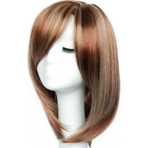 BESTUNG Brown Mixed Blonde Highlights Short Bob Synthetic Women Wig Medium Length Natural Looking Hair Wigs