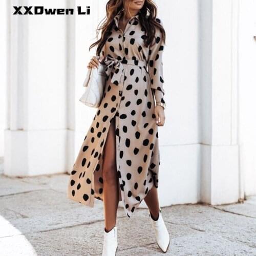 Casual Turn-Down Collar Buttons Long Sleeve Shirt Dress Spring Autumn Women Sexy Polka Dot Print Belt Boho Party Maxi Dresses
