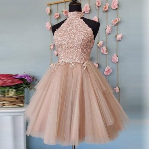 Champagne Simple Casual Wpmen Dress Tulle Lace Short Prom Dress Homecoming Dress Applique Halter Evening Dress Plus Size