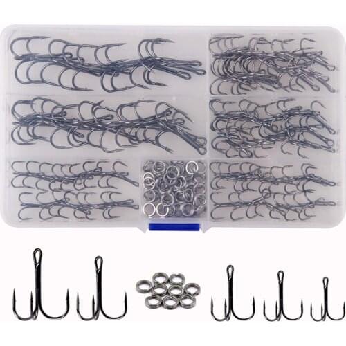 150pcs/Box Fishing Treble Hooks Tackle Kit High Carbon Steel Round Bend Fishing Hooks With Stainless Steel Double Split Rings