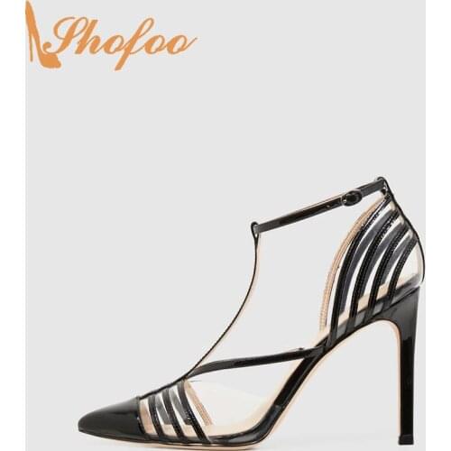 Black Patent Patchwork Stilettos Women Pumps High Heels Pointed Toe T-Strap Large Size 14 15 Ladies Summer Fashion Shoes Shofoo