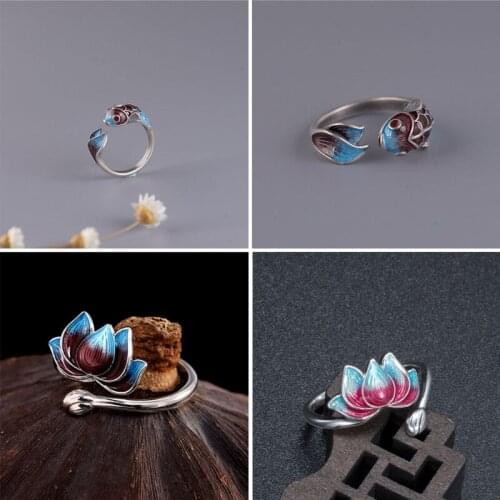 Vintage Lotus Flower Enamel Rings Lucky Fish Charm Open Ring Goldfish Flower Band Adjustable Women Fashion Jewelry C1FE