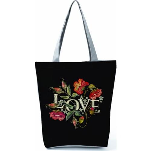 Love Floral Printed Black Handbag Fashion Simple Womens Bag Eco Friendly Shoulder Bag High Capacity Shopping Bags Portable Tote