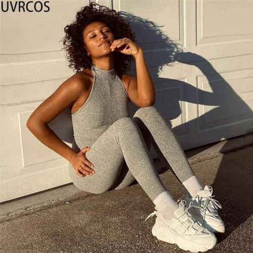 UVRCOS Jumpsuit Women Elastic Rib Sleeveless Slim Fitness Activewear Summer 2021 Club Outfits For Women Backless Casual Playsuit