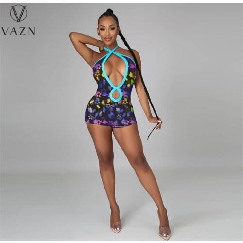 2021 summer women fashion hot sale sexy beach style jumpsuits sleeveless hanging neck printed jumpsuits short pants