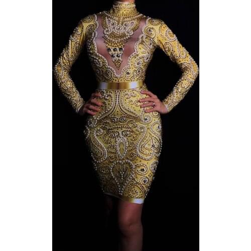 Gold Black Rhinestones Pearls Long Sleeves Dress Sexy Spandex Women Singer Outfit Birthday Celebrate Evening Dress
