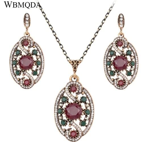 2 Pcs/lot 2020 New Vintage Crystal Flowers Necklace And Earrings For Women Ancient Gold Color Turkey Jewelry Sets Free Shipping