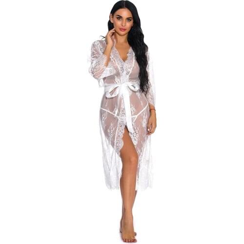 2020 New Womens Sexy Lace Perspective Lingerie Sheer Mesh Lace Up Long Skirt Fancy Underwear Teddy Robe Pajamas S-XXL PlusSize