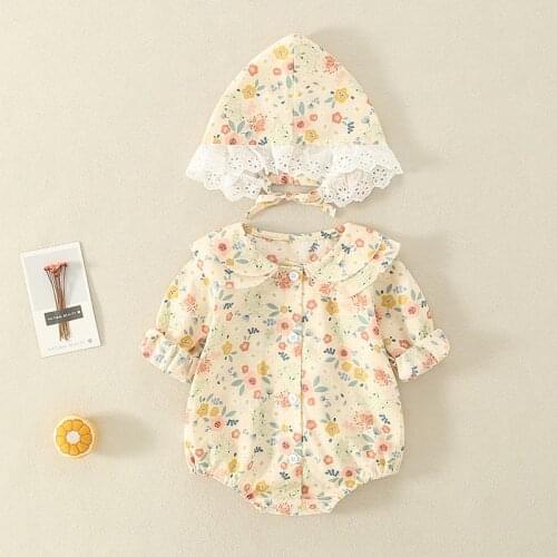2021 Baby Summer Clothing Infant Newborn Baby Girl Floral RomperLong Sleeve Jumpsuits With Hat