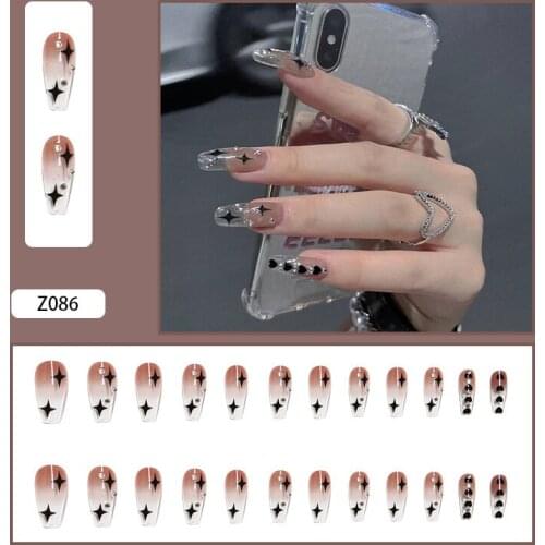 24Pcs/Set Fake Nails Star 3D Diamond Design Removable Long Paragraph Transparent Fashion Manicure Fully Covered Nail Decoration