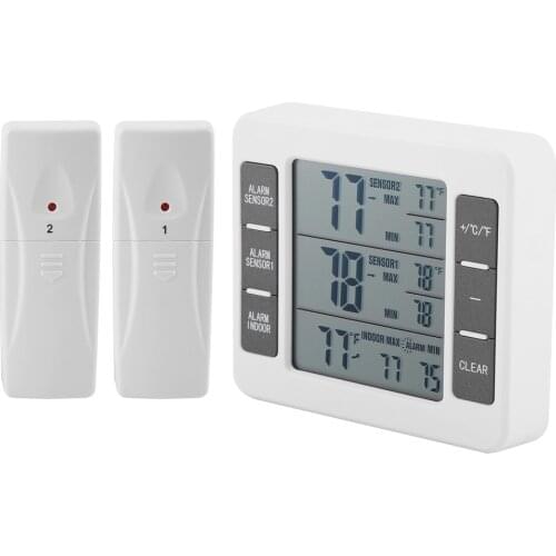 Wireless Digital Audible Alarm Refrigerator Thermometer With 2 Sensor Min/Max Display Indoor Outdoor Weather Station Clock