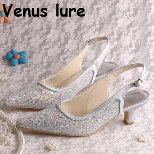 Glitter Silver Shoes for Women for Wedding Low Heeled Pointed Toe Party Shoes