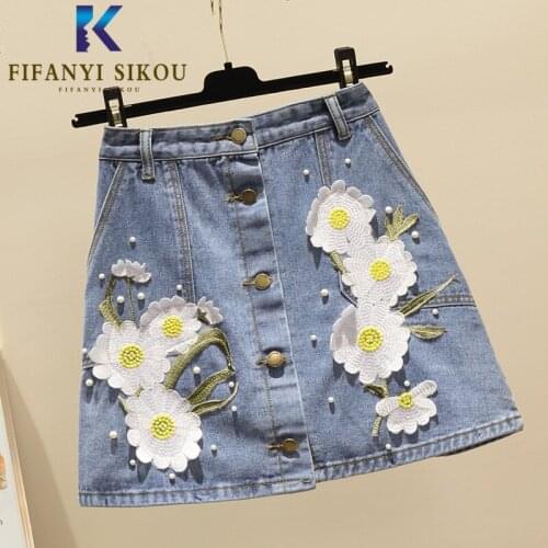High waist Denim Skirt Women Fashion Button Embroidery Beading A-Line Mini Skirt Summer Loose Plus Size Jeans Skirts 2020 New
