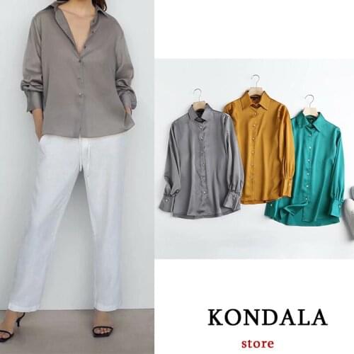 KONDALA High Quality Women Za Oversized Polyester T-Shirts Solid Casual Summer MD Long Sleeve Mujer Tops Vintage T-Shirts