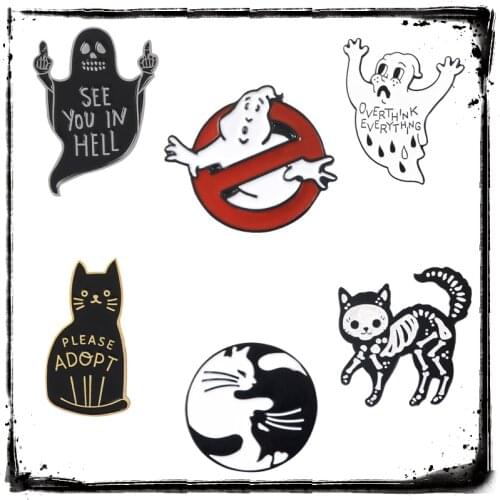 Yin Yang Cat Skeleton Cat Overthink Ghost Ghostbusters Evil Ghost Pins Enamel Pin Badges Animal Brooches For Women Men Unisex