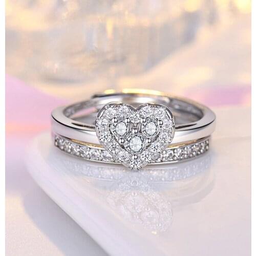 Exquisite Heart Rings Set Silver Plated Two In One Wedding Ring Set White Zircon Crystal Ring Bridal Jewelry Engagement Gifts