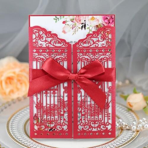 50pc/lot Gate Open Wedding Invitation Burgundy Red White Hollow Flower Print Cards for Bridal Shower Anniversary Party