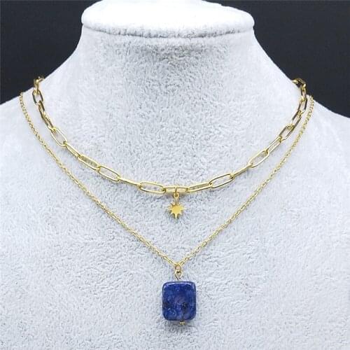 2pcs Stainless Steel Blue Natural Stone Necklace Women/Men Gold Color Star Layered Necklaces Jewelry pendentif femme NZ24S04