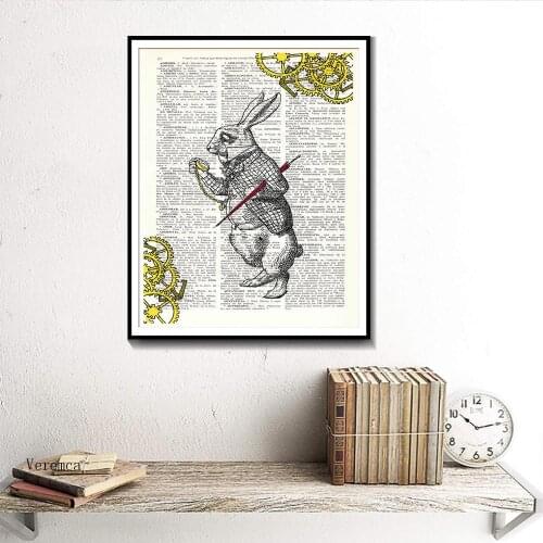 Alice In Wonderland Posters White Rabbit Look Watch Wall Art Canvas Painting and Prints Dictionary Pictures for Home Decor