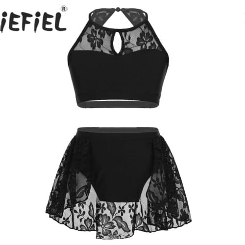 Kids Girls Tutu Dancewear Sleeveless Keyhole Halter Lace Splice Top with Bottoms Lyrical Ballet Dance Gymnastic Leotard Clothing