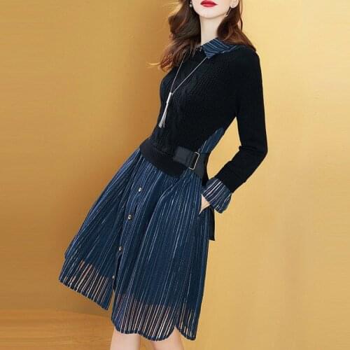 Spring Fall Fashion Women Ladies Patchwork Long Sleeve Striped Knitted Dress , Female Woman Vintage Slim Long Knitting Dresses