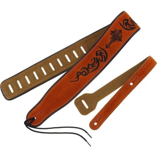 Guitar Strap Genuine Leather Cow Suede Pattern Embroidery 7cm Widen with Antifriction Design for Acoustic Electric Bass Guitar