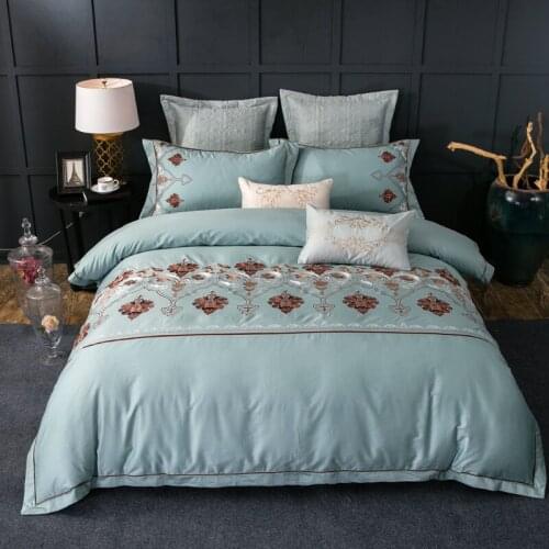 100% Egyptian Cotton Embroidered Luxury Royal Bedding Set 4/6Pcs King Queen Duvet Cover Bed Sheet set Pillowcase blue Hotel nice