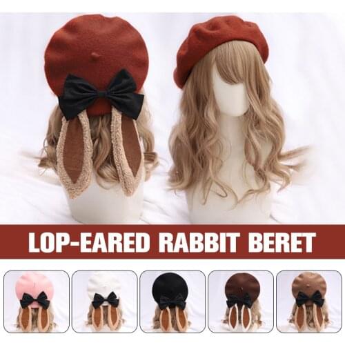Harajuku Hand-made The Loppy Eared Rabbit Beret Japanese Lolita Beret Cap Female Sweet Bowknot Hat Pancakes Wool Beret Beanies