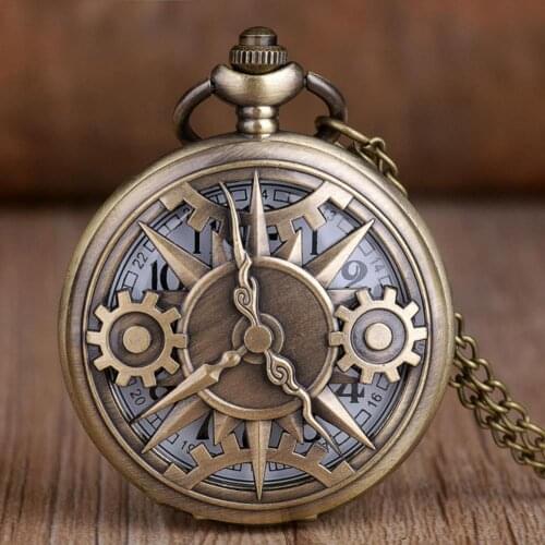 Vintage Unisex Hollow Gear Number Quartz Pocket Watch Pendant Necklace