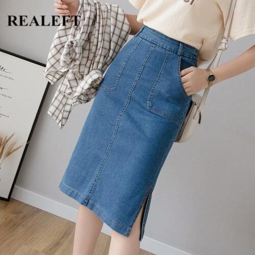 REALEFT Elegant Women Denim Wrap Skirts Chic 2021 New Blue High Waist Side Split Sheath Pencil Midi Skirts Female Spring Summer