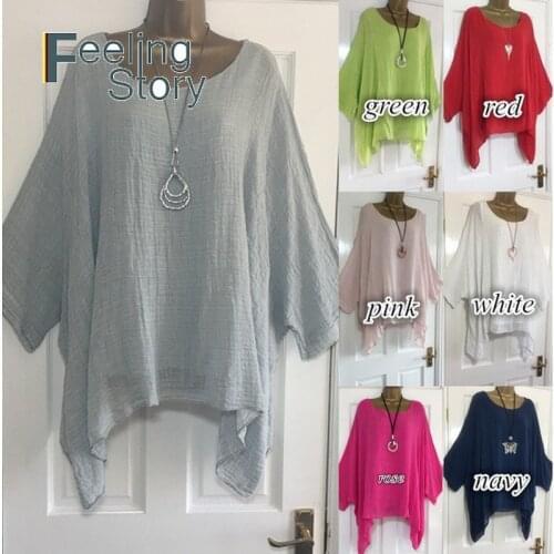 Women Asymmetric Tops Blouse Casual Tunics 5X Plus Size Batwing Sleeve Womens Blouses Loose Solid O Neck Half Sleeve Linen Shirt