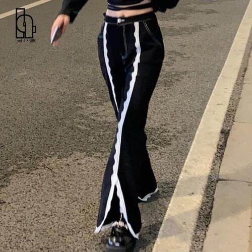 Patchwork Lace Plus Size Split Denim Pant Mom Slit Jeans Trouser Boyfriend Women Streetwear Harajuku Fashion Punk Goth