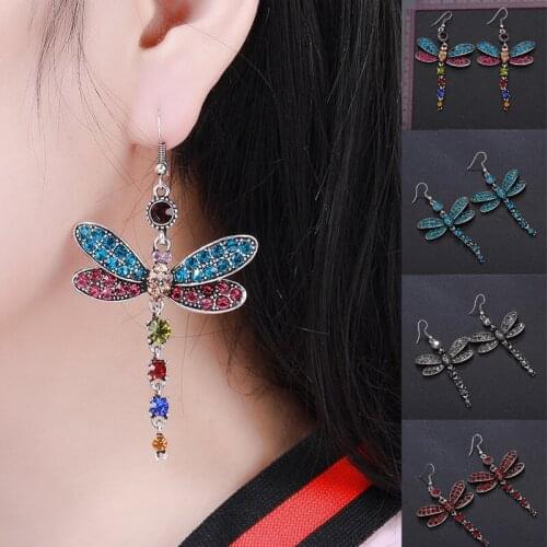 2pcs Fashion Earrings Women Dragonfly Tassel Earring Vintage Drop Dangle Earrings Boho Crystal Rhinestone Trendy Fashion Jewelry