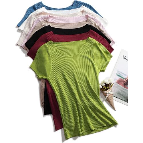 Pullover knitted Short Sleeve knitted Sweater Women Spring Summer Slim Basic Solid Casual Base Female knitting shirts 2021 Korea