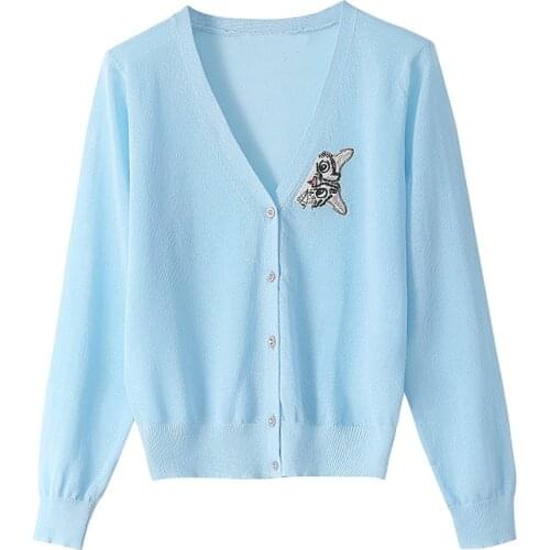 High Quality Spring Knitted Cotton Outerwear Womens Cat Embroidery Sweater Fragrant Cardigan Women Thin V-neck Lady Sweater