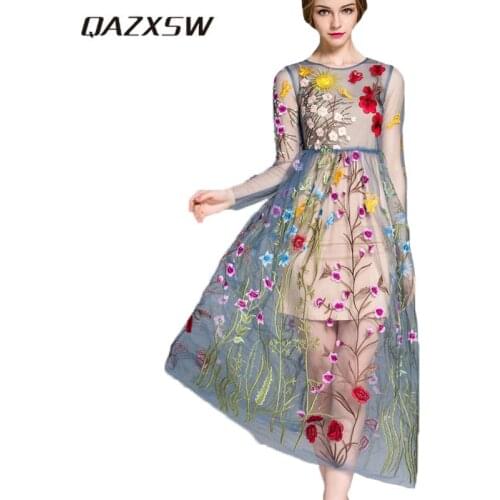 QAZXSW Long Runway Spring Summer Dresses 2017 Gorgeous Full Sleeve Sheer Mesh Embroidery Party Dress Bohemian Vestidos De YX163