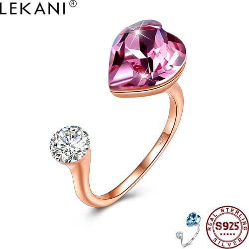 LEKANI S925 Sterling Silver Embellished With Crystals From Austria Heart Opening Adjustable Ring Luxury Women Fine Jewelry