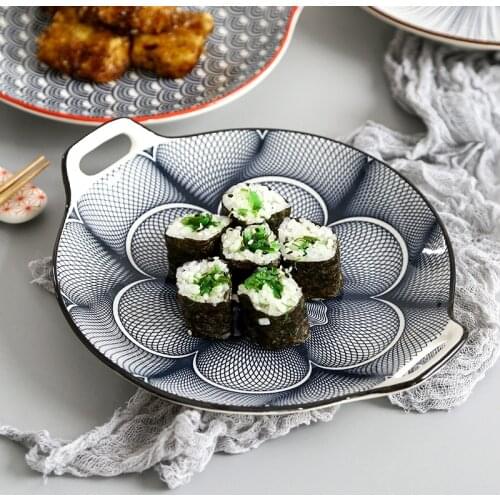 2 Pcs/ Set Ceramic Flat Salad Plate Shallow Double Handle Round Dessert Platter Porcelain Tableware Underglaze Color CZY1029-2S