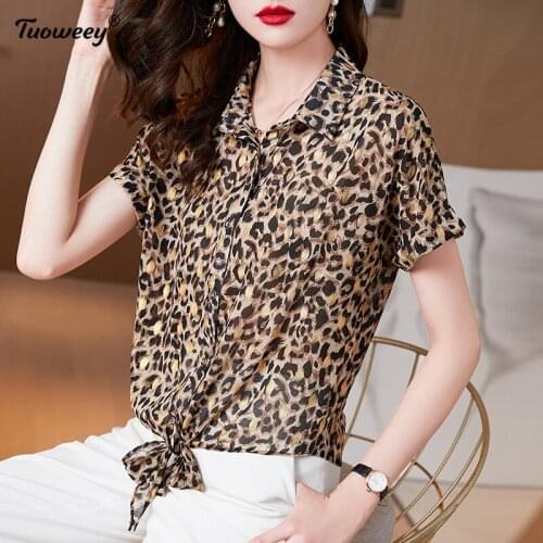 Plus size Fashion leopard Chiffon Blouse Shirt Loose Buttons Tops Casual Summer Ladies Female Women short Sleeve Blusas Pullover