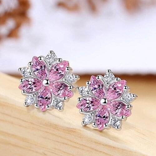 Delicated Pink Clear Zircon Blossom Flower Stud Earrings Women Girls Sweet Temperament Full Crystals Flower Earrings