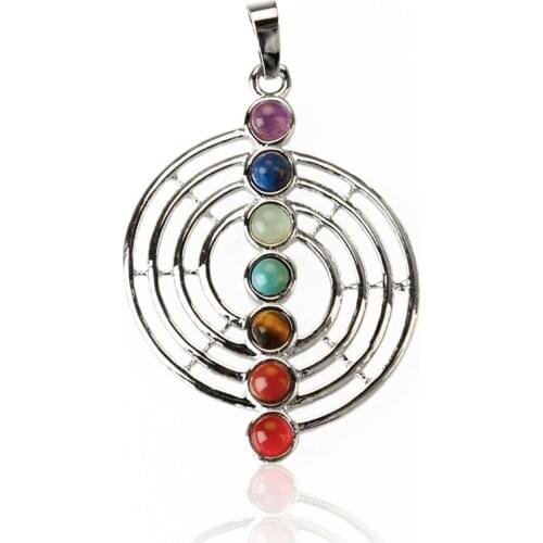 Classic Style Silver Plated Eight Diagrams Pendant withColorful Stone Beads Healing Chakra Jewelry