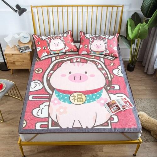 2/3Pcs/set Mat Summer Sleeping Mat Single Double Cool Folding Peony Bed Cover Sleeping Flax Mat Mattress Cover Red pig Bedspread