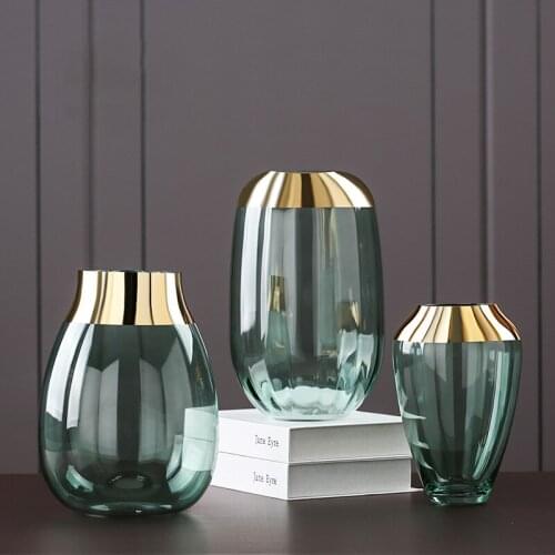 Nordic creative personality home decoration gold-plated bottle mouth oval green glass vase model room countertop flower LB80605